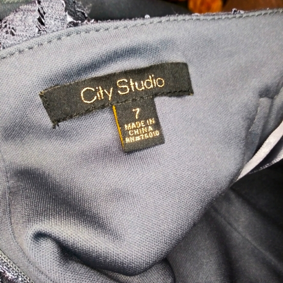 City Studio Pearl & Rhinestone Studded Sparkly Gray Lace Sheath Cocktail Dress - Picture 11 of 14